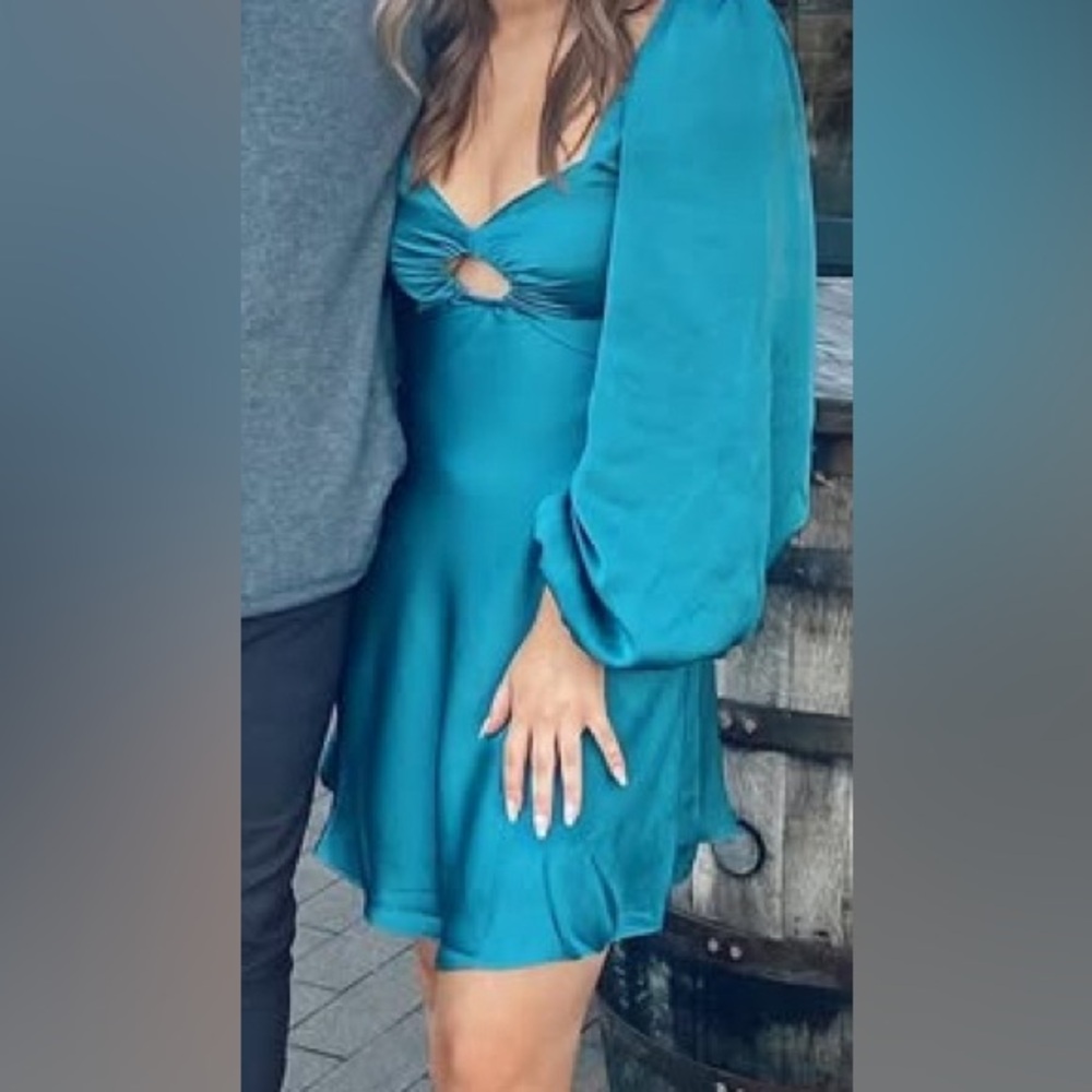 Selfie Leslie Teal Mini Dress with Long Sleeves